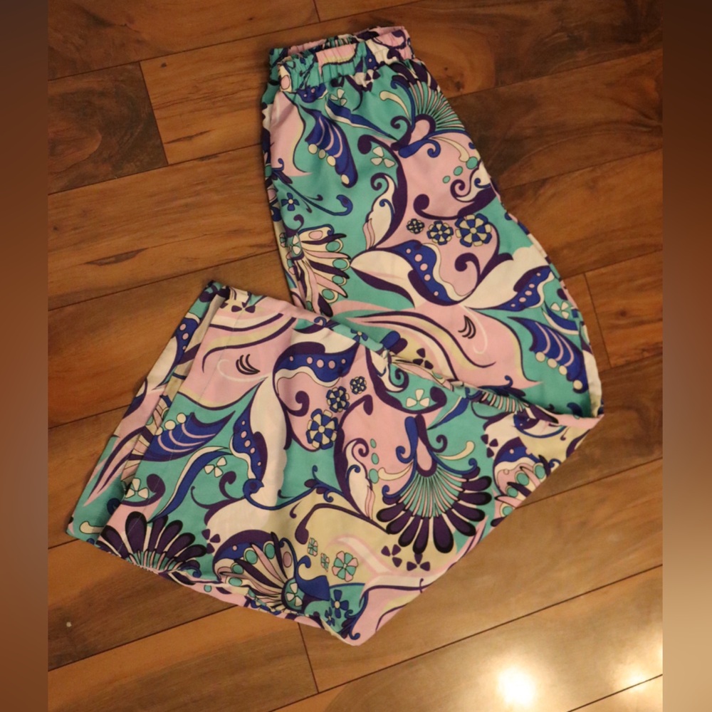 Pastel Turquoise & Lilac Wide Leg Printed Pants
